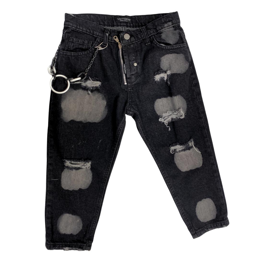 Jeans Neri Strappati con Effetto Sbiadito