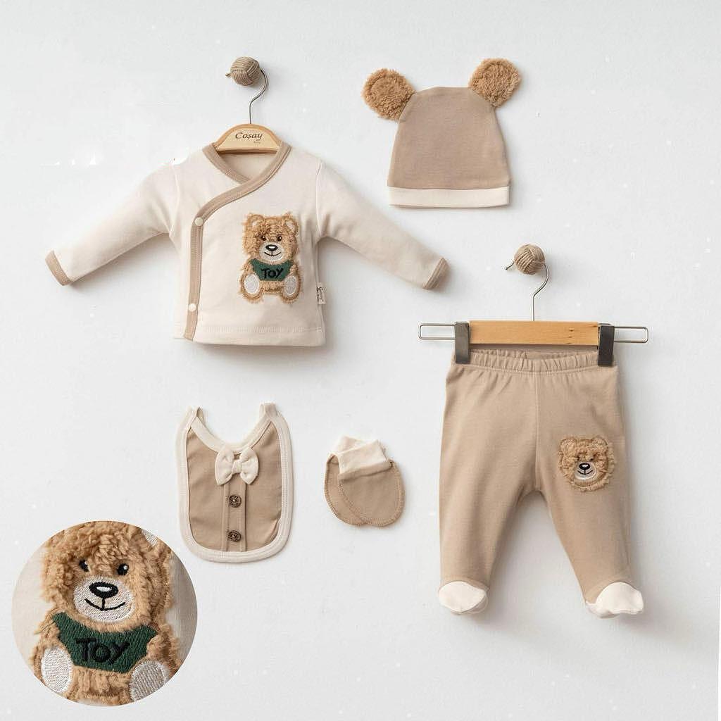 Set Neonato/ Bimbo 5 Pezzi in Caldo Cotone – Orsetto Beige con Orecchie