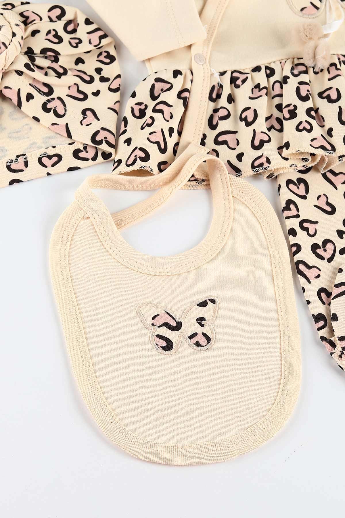 Set Neonata/ Bimba 5 pezzi Cotone Leopardato "Butterfly Chic" Beige