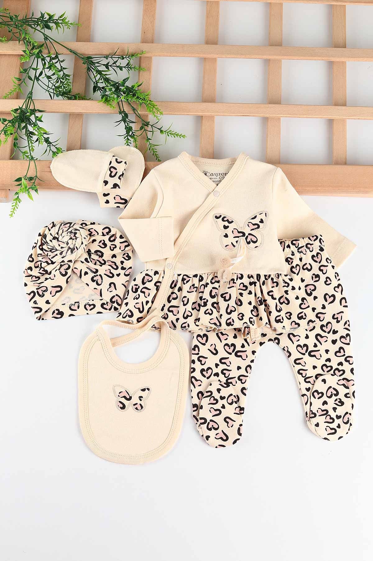 Set Neonata/ Bimba 5 pezzi Cotone Leopardato "Butterfly Chic" Beige