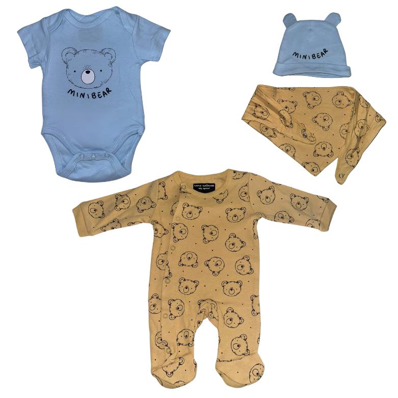 Set Neonato/ Bimbo - 4 Pezzi in Cotone "Mini Bear" Azzurro e Senape