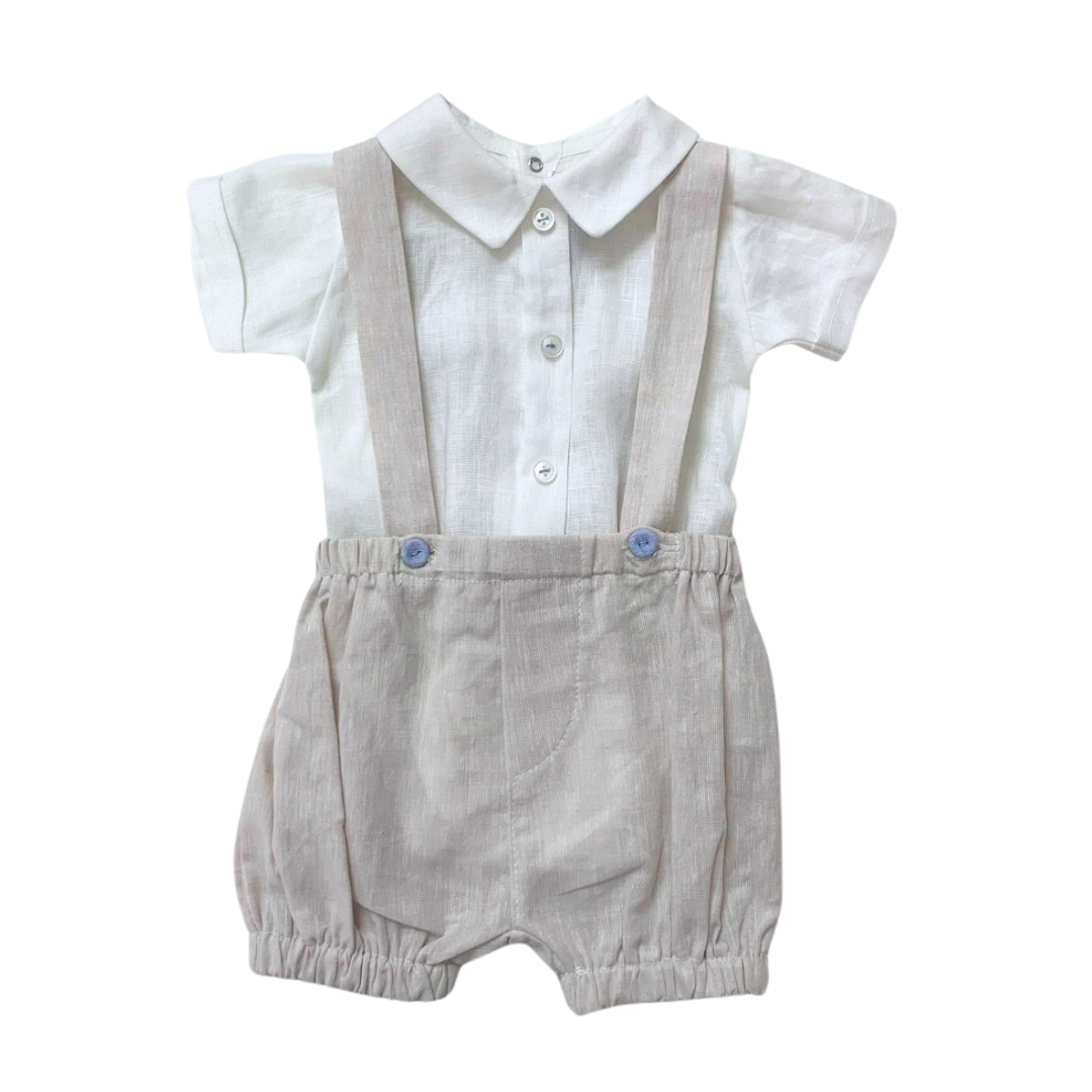 Pagliaccetto Elegante con Salopette Beige e Camicia Bianca per Neonato