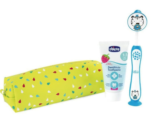 Set dentifricio +spazzolino azzurro chicco con pochette 3-6anni