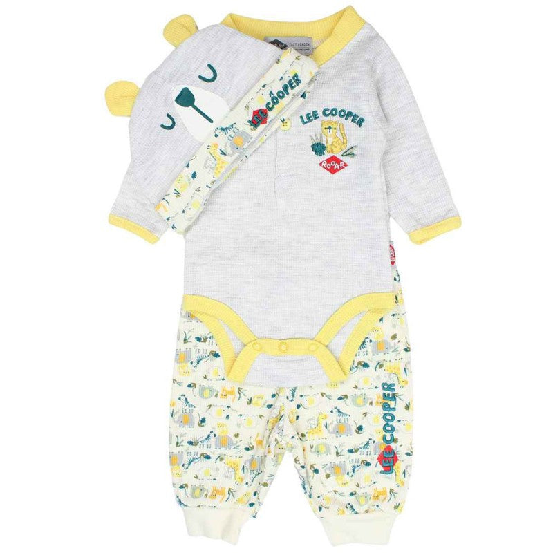 Cálido conjunto de bebé de 3 piezas de algodón con body, panatone y gorrito gris.