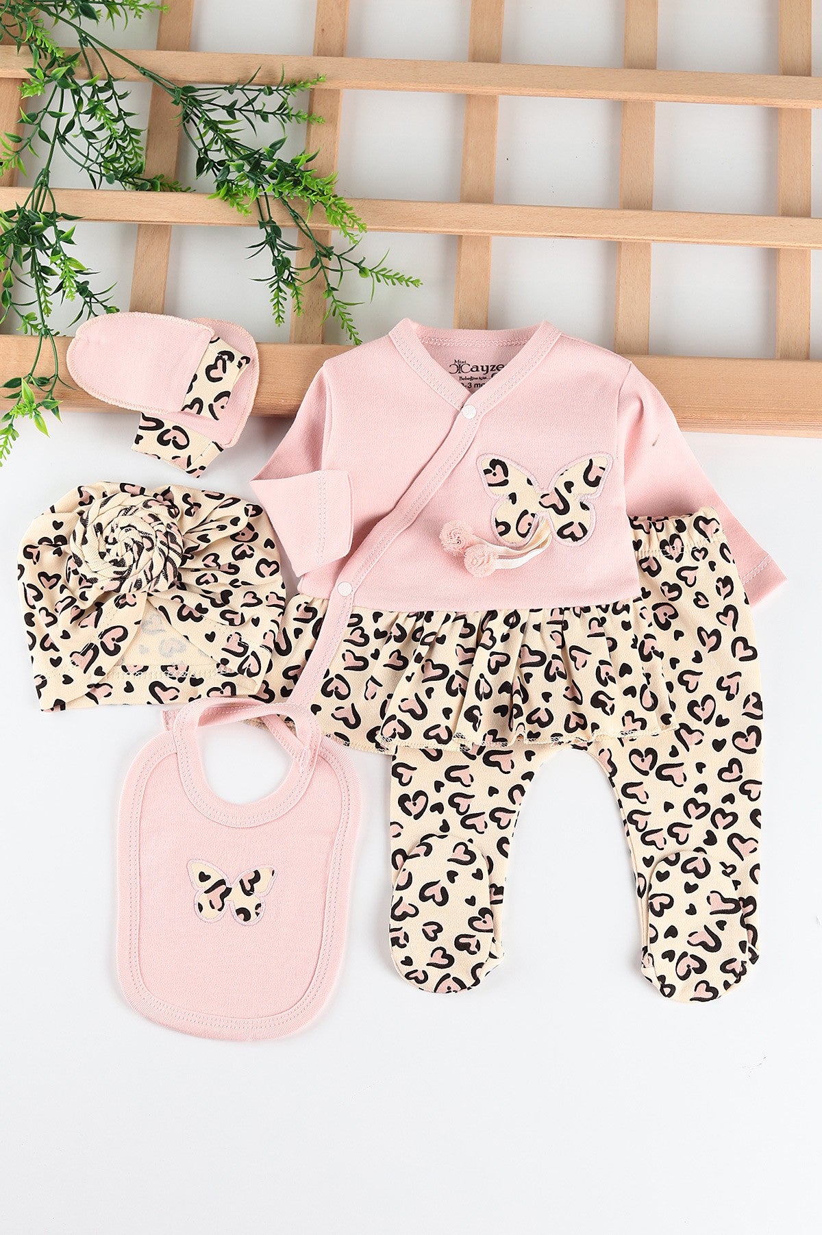 Set Neonata/ Bimba 5 pezzi Cotone Leopardato "Butterfly Chic" Rosa
