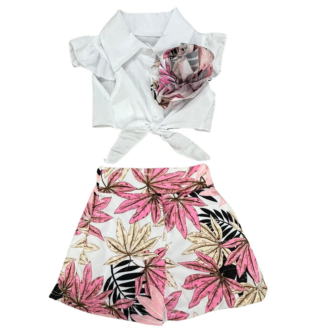 Set Estivo Bambina con Camicetta Bianca e Shorts a Fantasia Floreale