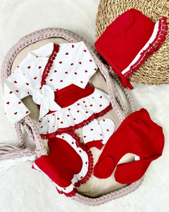 Completo Neonata Cuori Rosso – 5 Pezzi 100% cotone