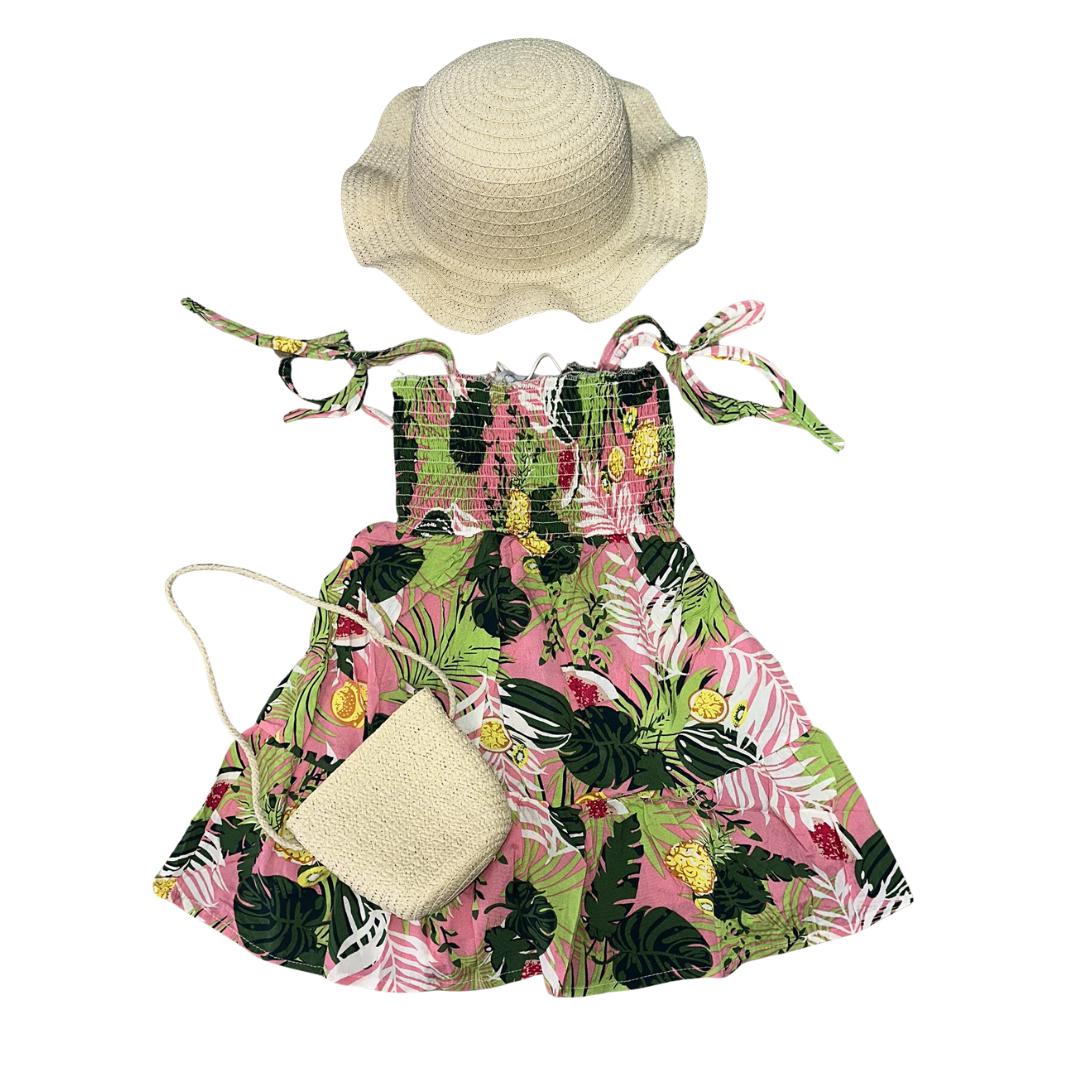 Abito Tropicale Estivo Bimba  con Cappello e Borsetta