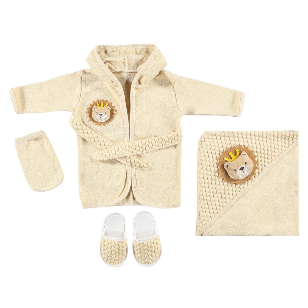 Conjunto de 2 albornoces + manoplas + pantuflas león beige