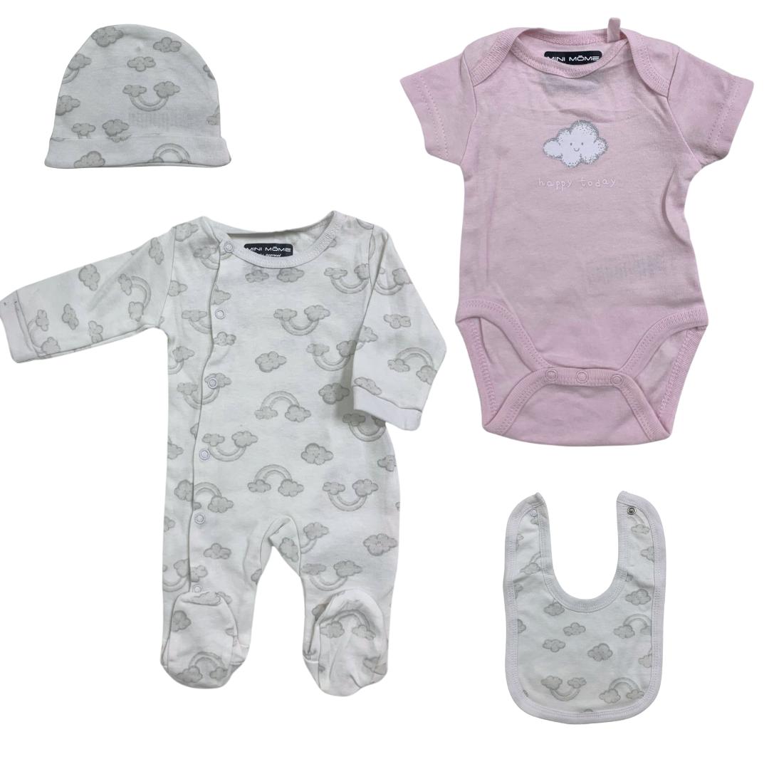 Set Neonata 4 Pezzi in Cotone Rosa e Bianco con Nuvolette e Arcobaleni