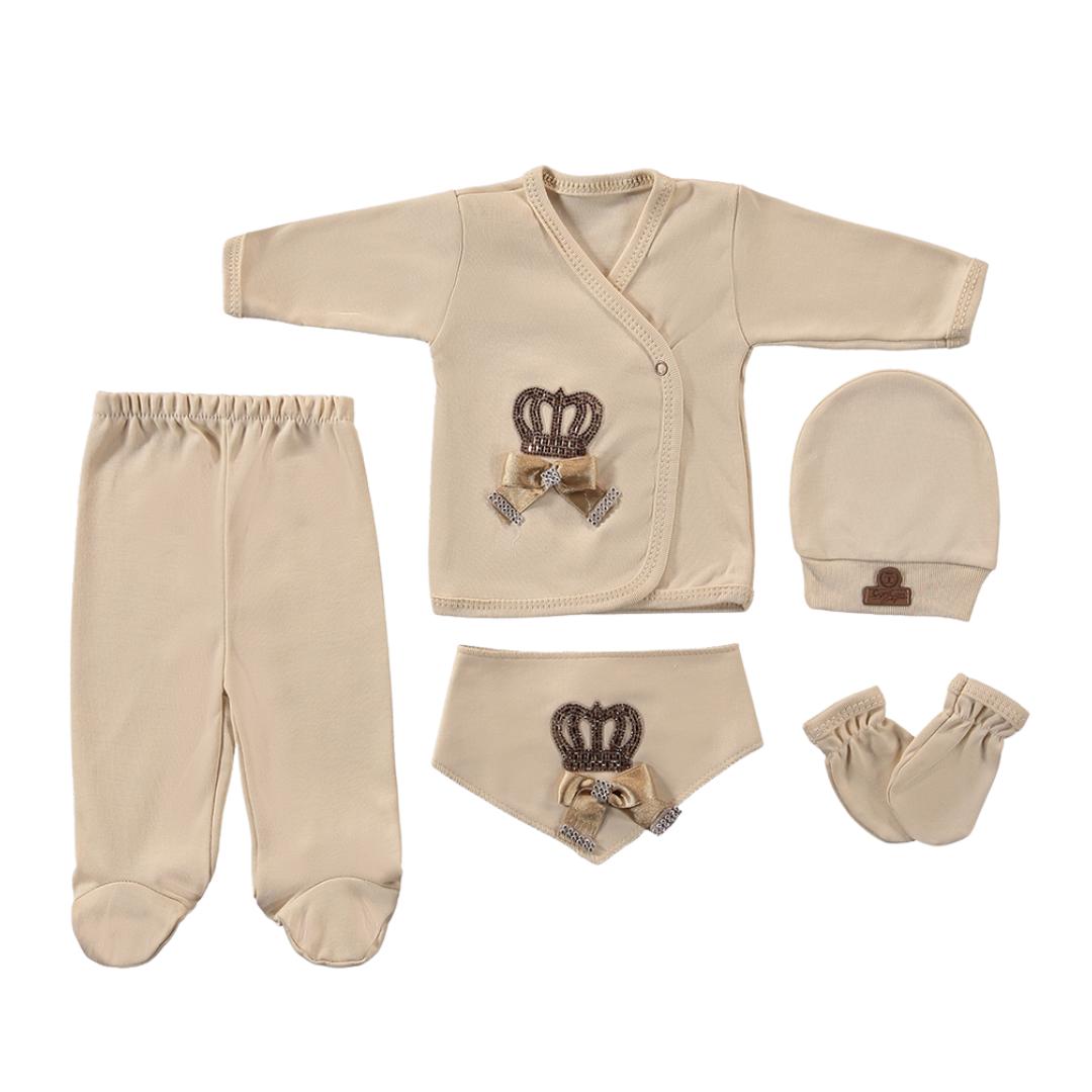 Set Nascita Bimba/ Bimbo 5 Pezzi in Caldo Cotone  Beige con Dettaglio Corona