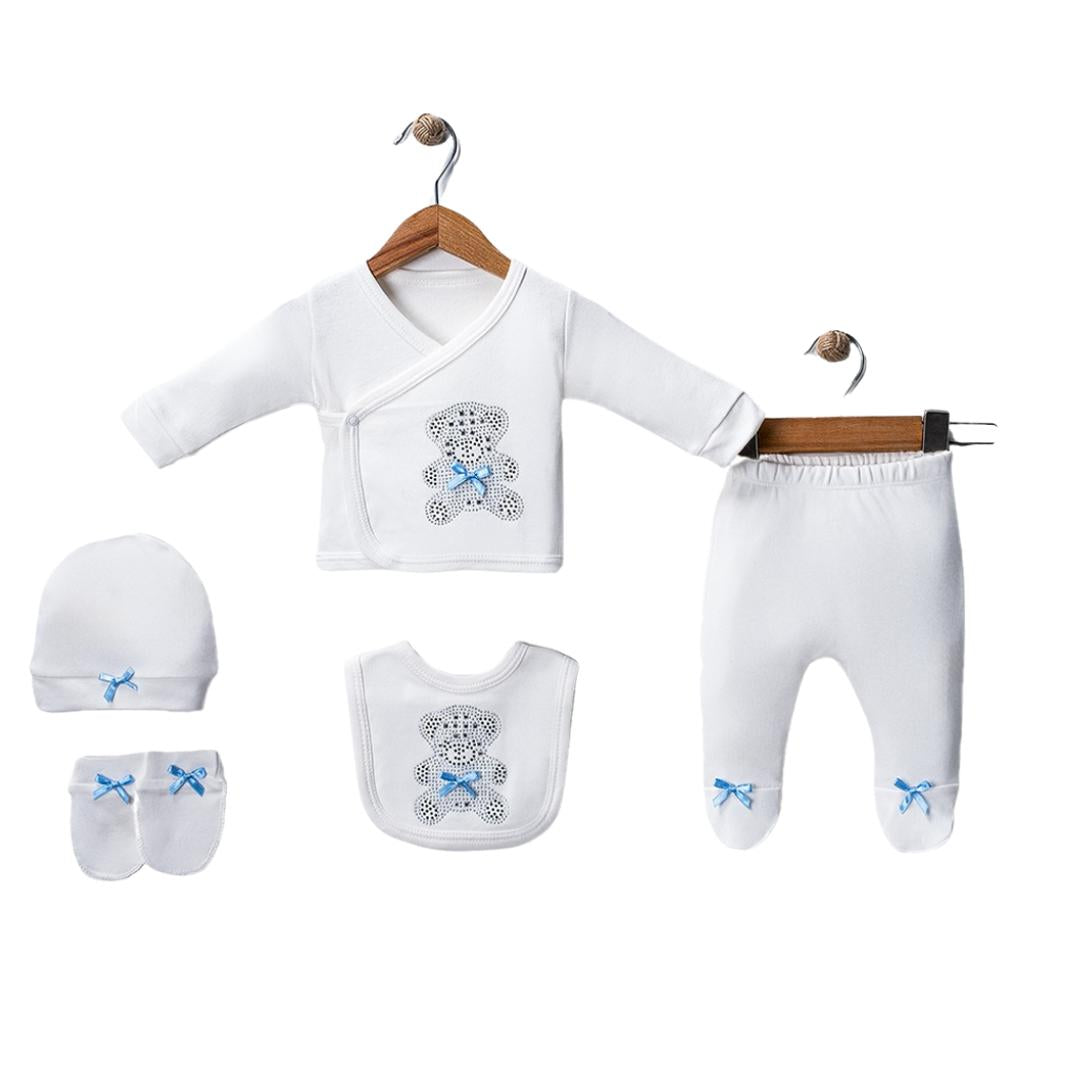 Set Neonato bimbo 5 Pezzi in Caldo Cotone – Orsetto con Fiocchi Azzurri