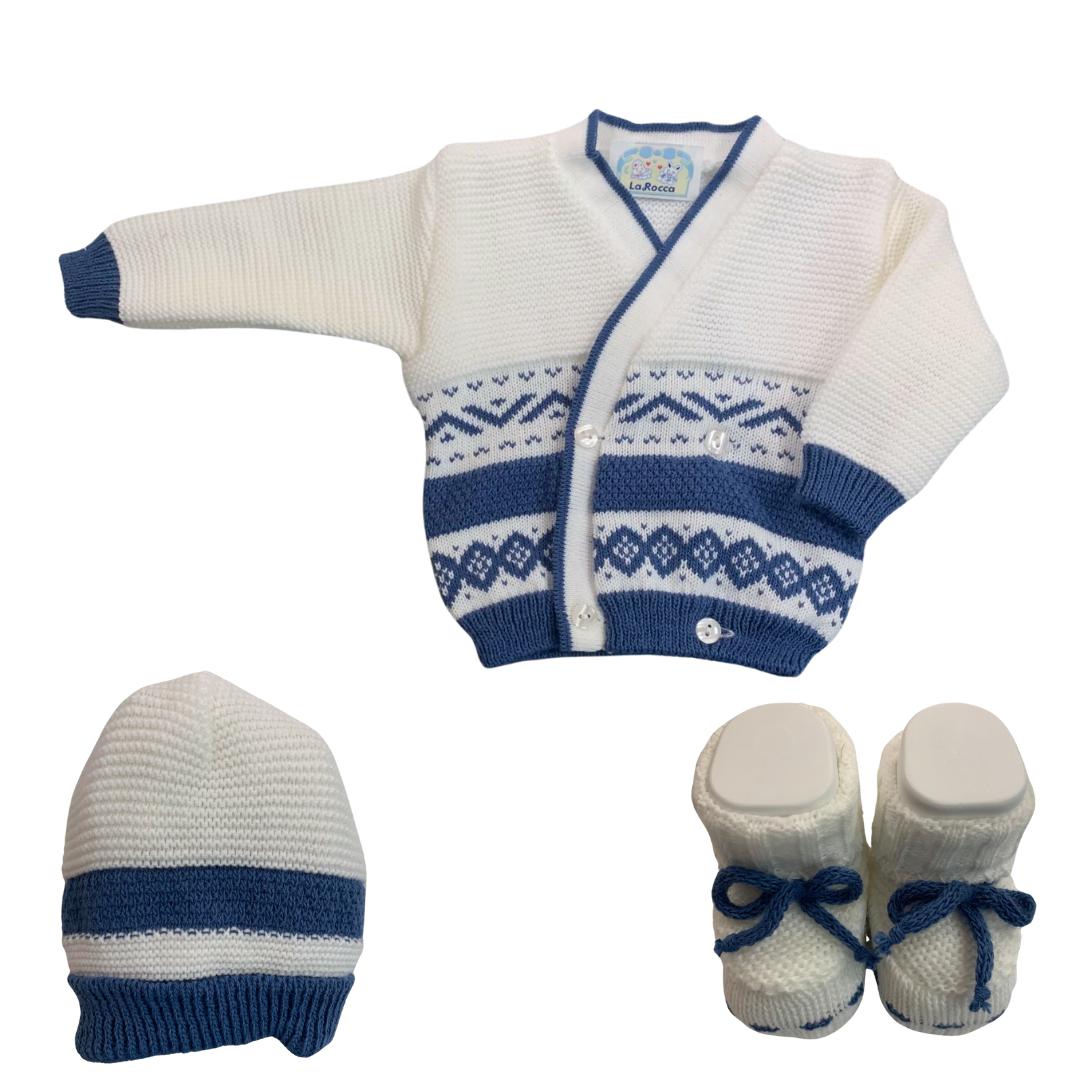 Set Maglia Neonato in Lana Bianco e Blu – Cardigan, Cappellino e Scarpine