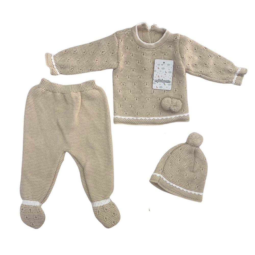 Set Invernale Neonata 3 Pezzi beige ponpon