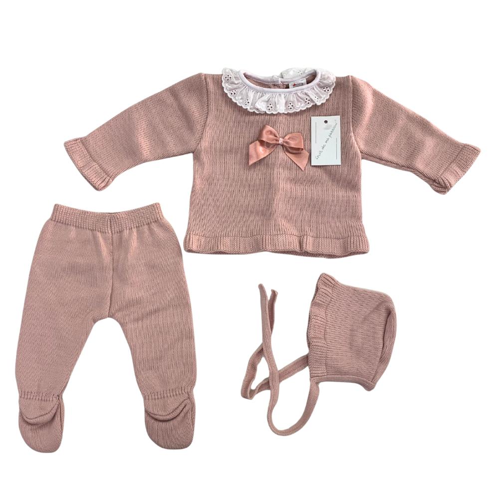 Set Neonata In Lana Rosa Scuro con Fiocco