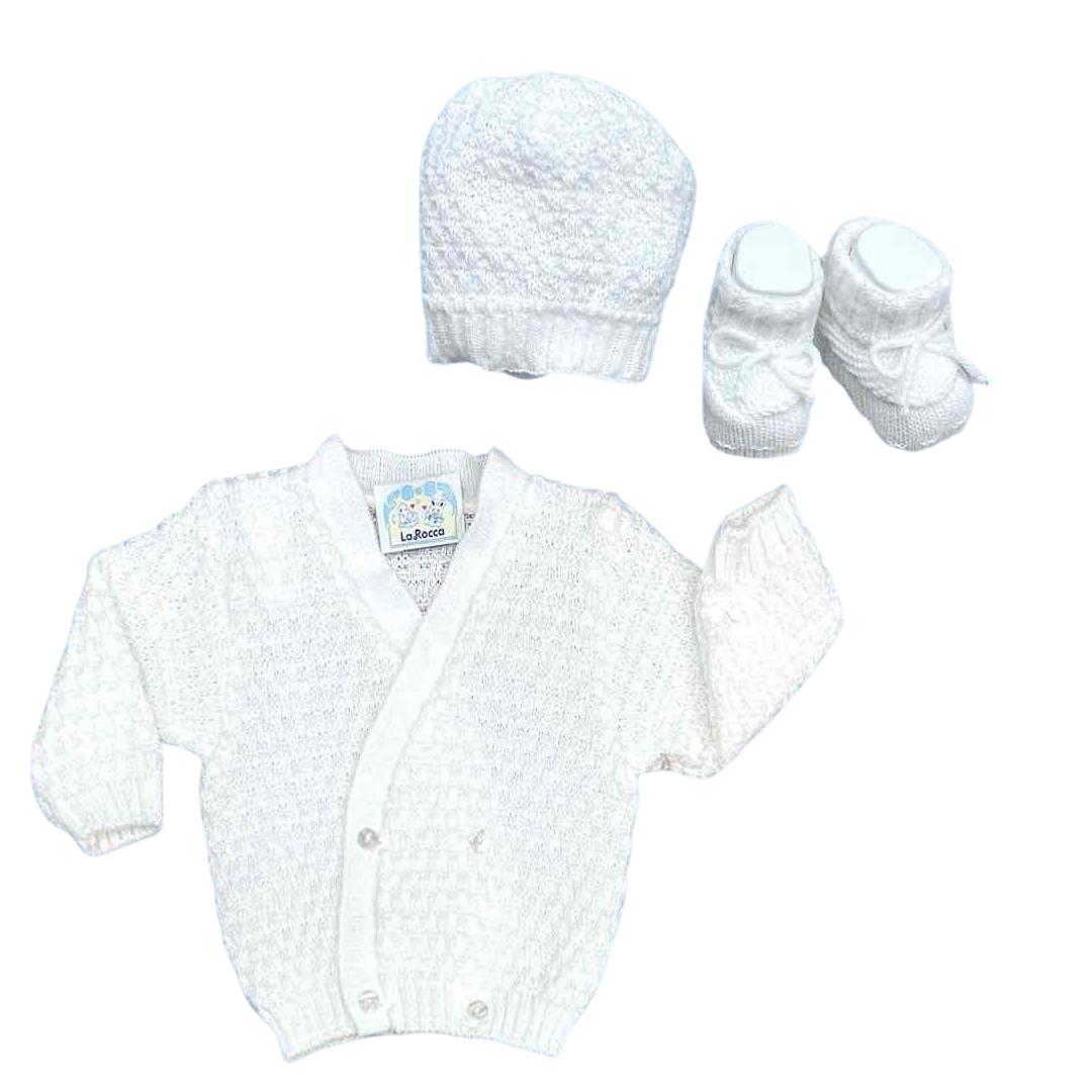 Set Maglia Neutro Bimbo/ Bimba in Lana Bianca– Cardigan, Cappellino e Scarpine