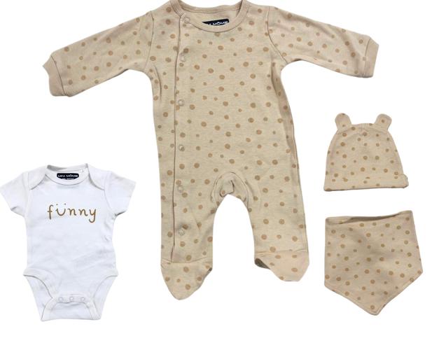 Set Neutro4 Pezzi in Cotone con Pois e Cappellino con Orecchie (Beige) Bimbo/Bimba