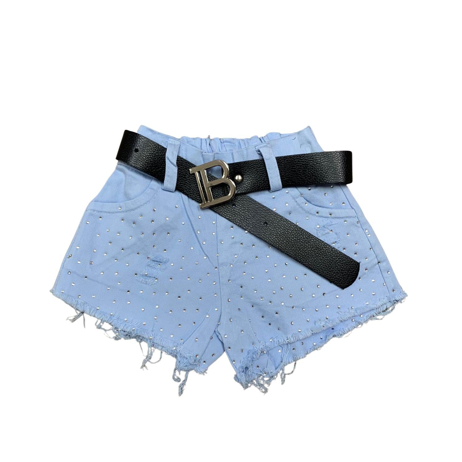Shorts bambina celesti con strass e cintura