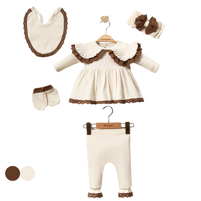 Set Completo per Neonata con Vestito e Accessori Beige e Marroni 0-3 MESI