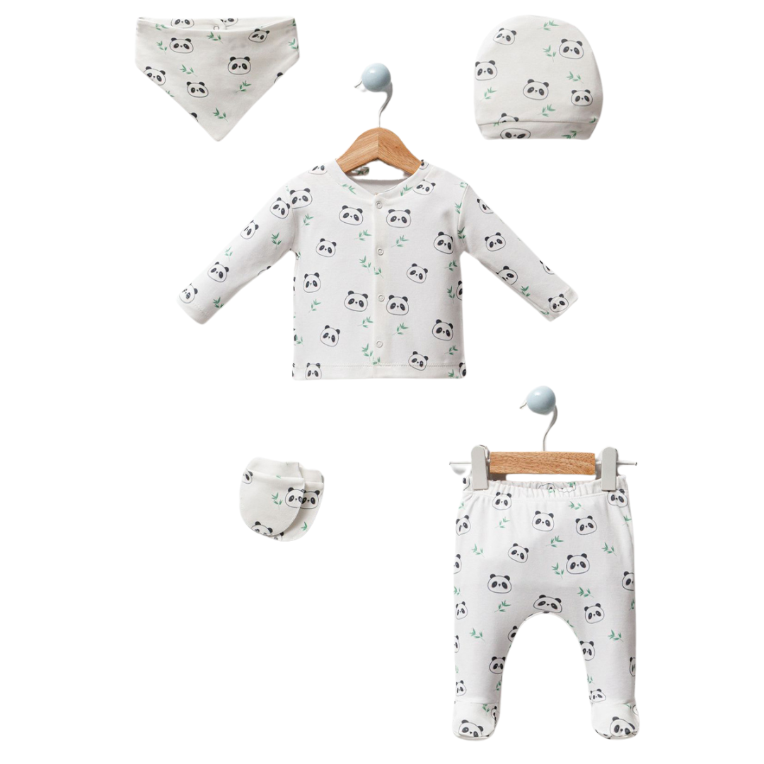Set Nascita Neutro Bimbo/Bimba 5 Pz in Cotone Panda 0-3 mesi