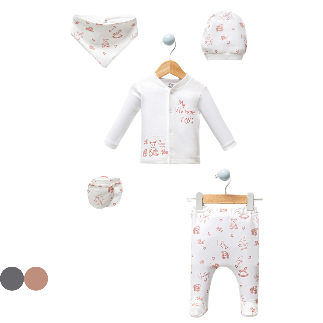 Set 5pz  unisex 100% cotone con Stampa Vintage 0-3 mesi