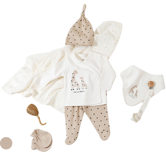 Set 8pz  bimbo  Beige con Giraffa 100% cotone 0-3 mesi