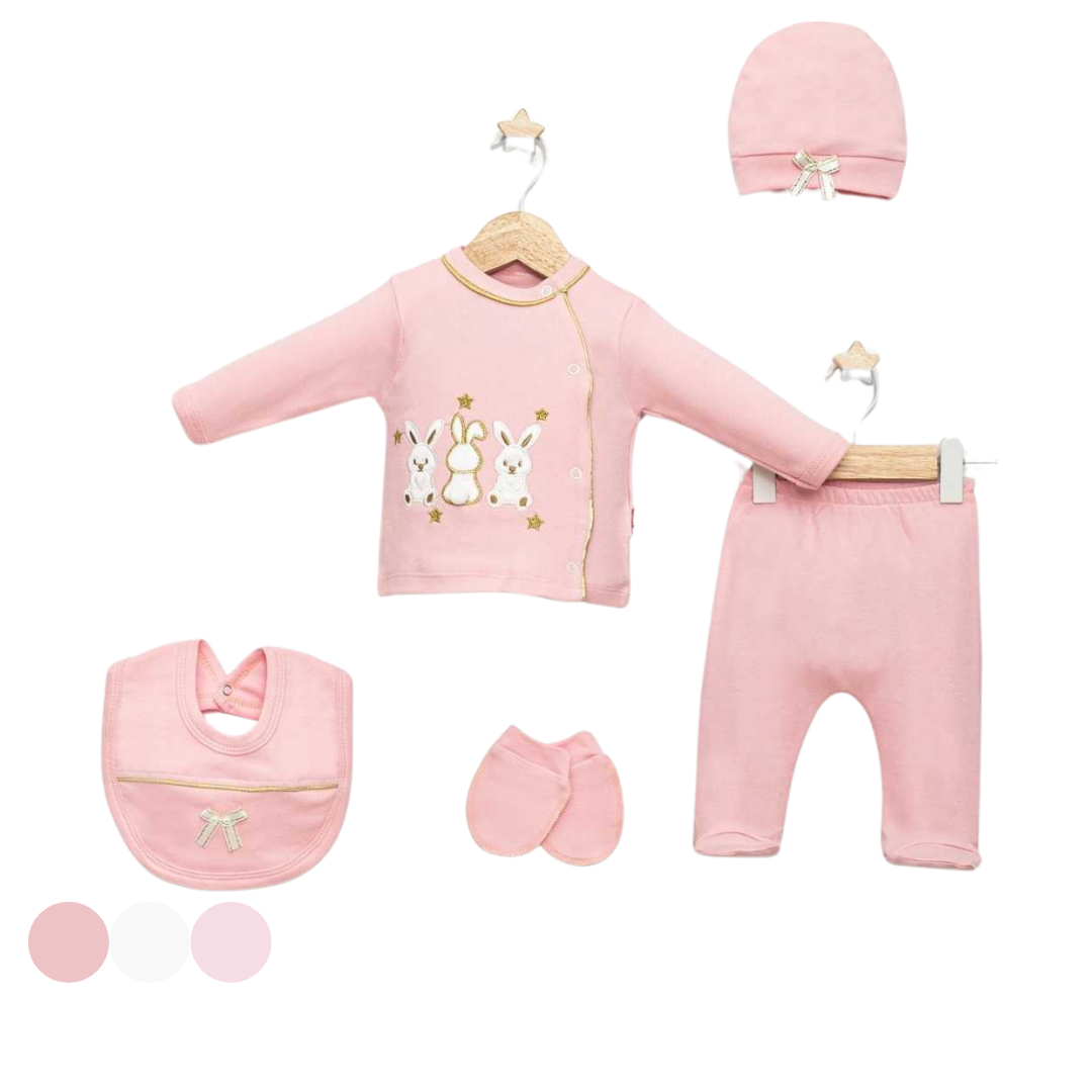 Set 5pz Nascita Neonata/ Bimba  "Bunny Dreams" in cotone