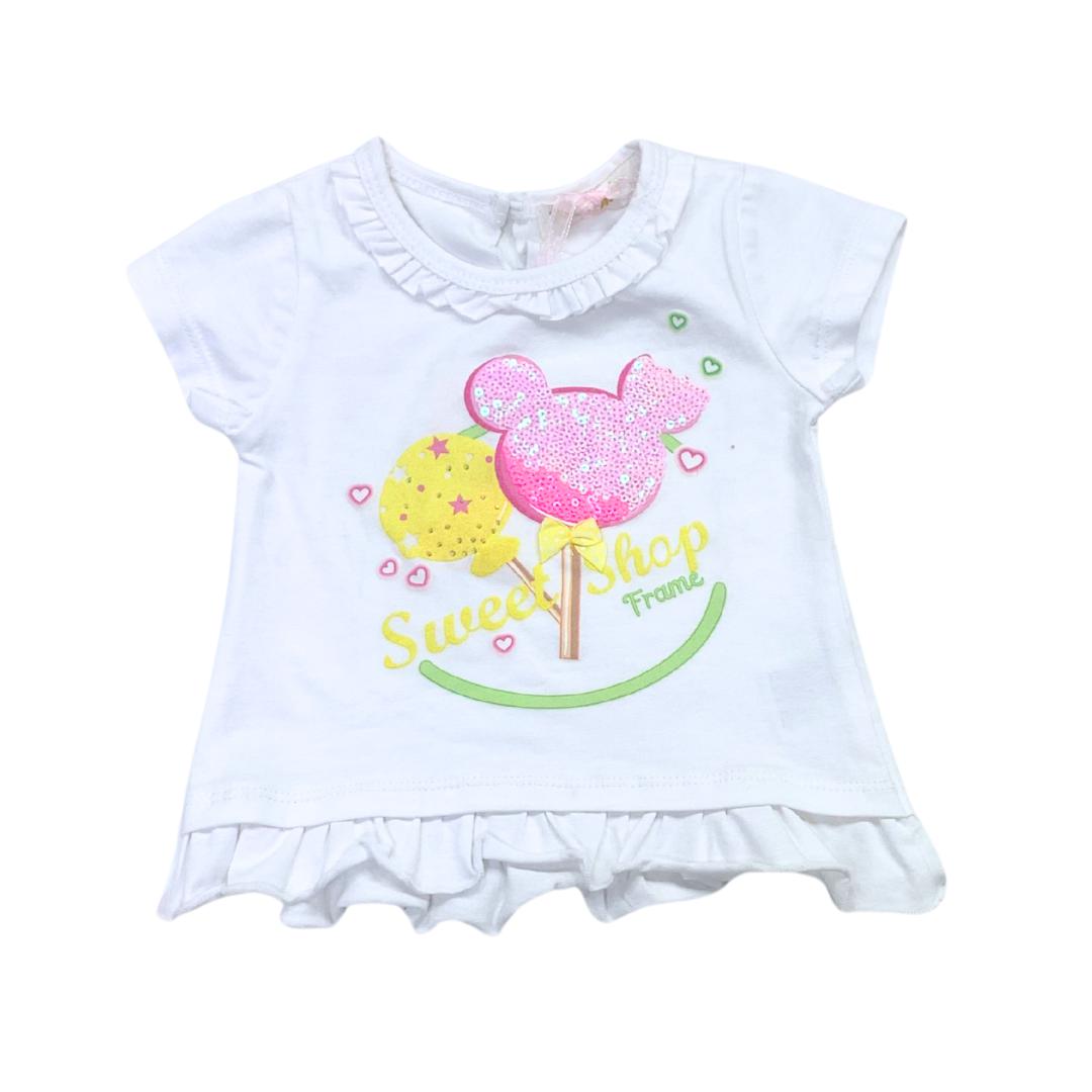 T-shirt Bimba Repanda Bianca con Stampa Sweet Shop