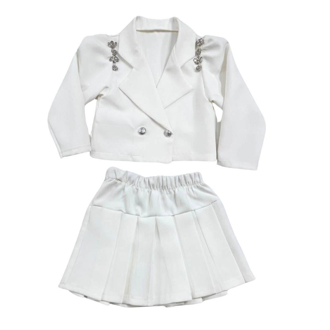 Tailleur bimba bianco con gonna plissettata