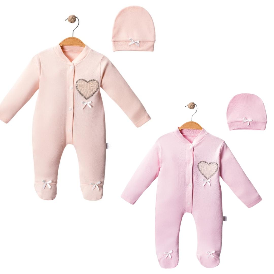 Tutina Neonata / Bimba e Cappellino in Caldo Cotone Bimba Rosa- Cuoricino