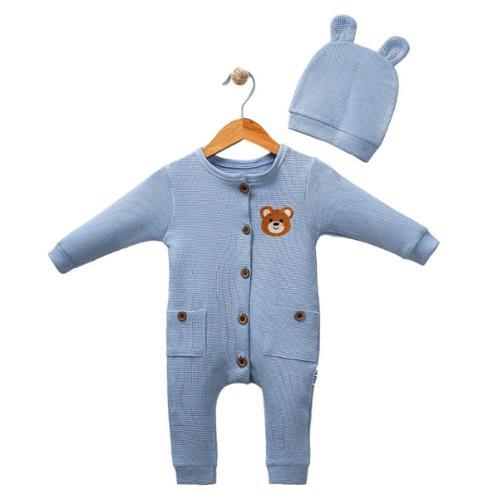Tutina Neonato/ Bimbo Caldo Cotone Azzurro+ Cappellino Orsetto