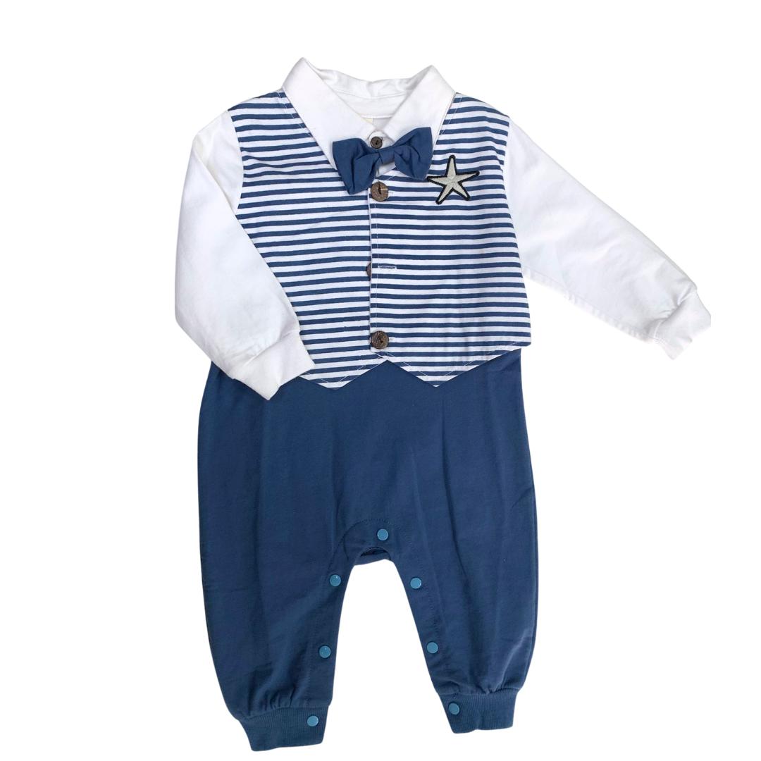 Tutina elegante neonato blu e bianca con papillon