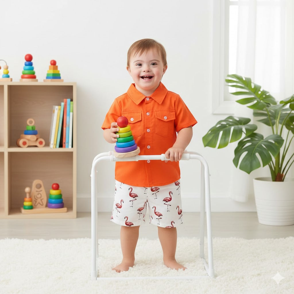 Completo Estivo Bimbo Camicia Arancione e Shorts con fenicottero