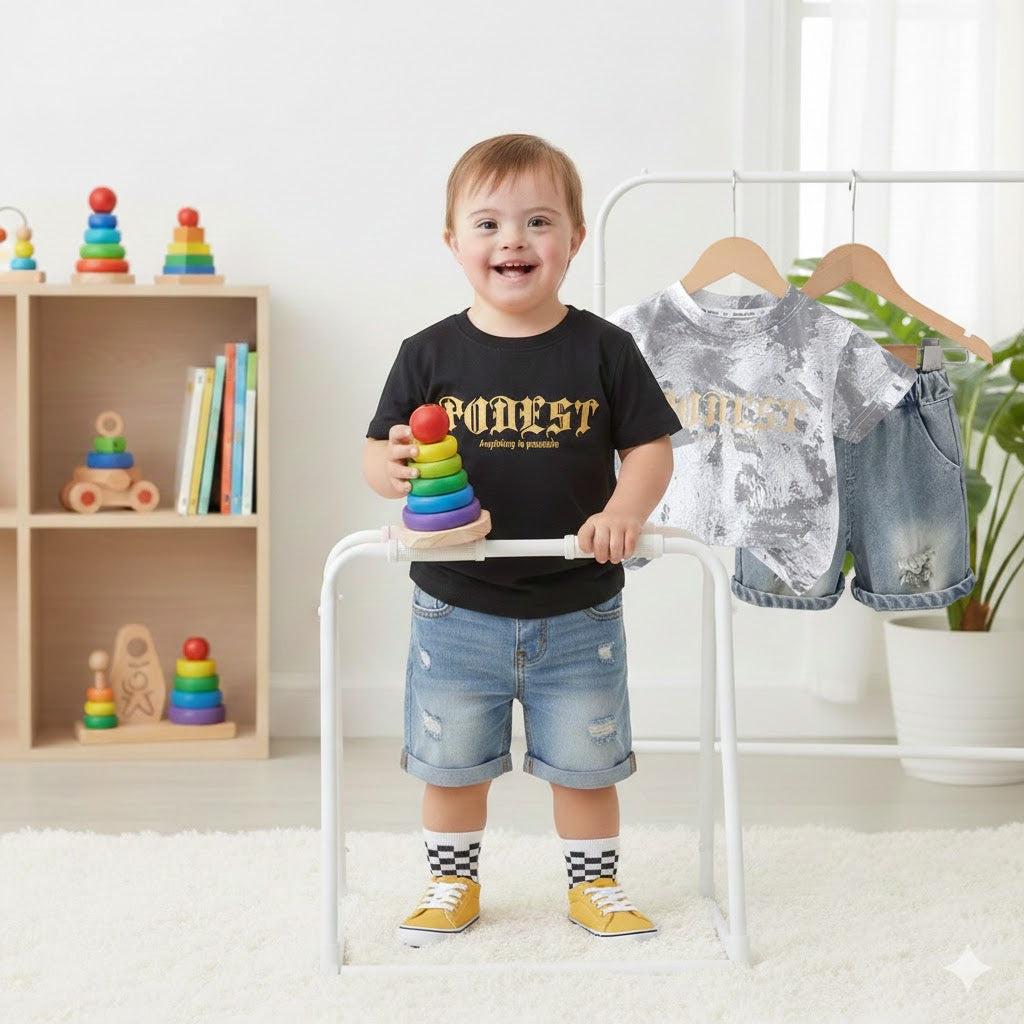 Completo Estivo Bimbo  T-shirt “Power” Effetto Marmo e Shorts in Denim