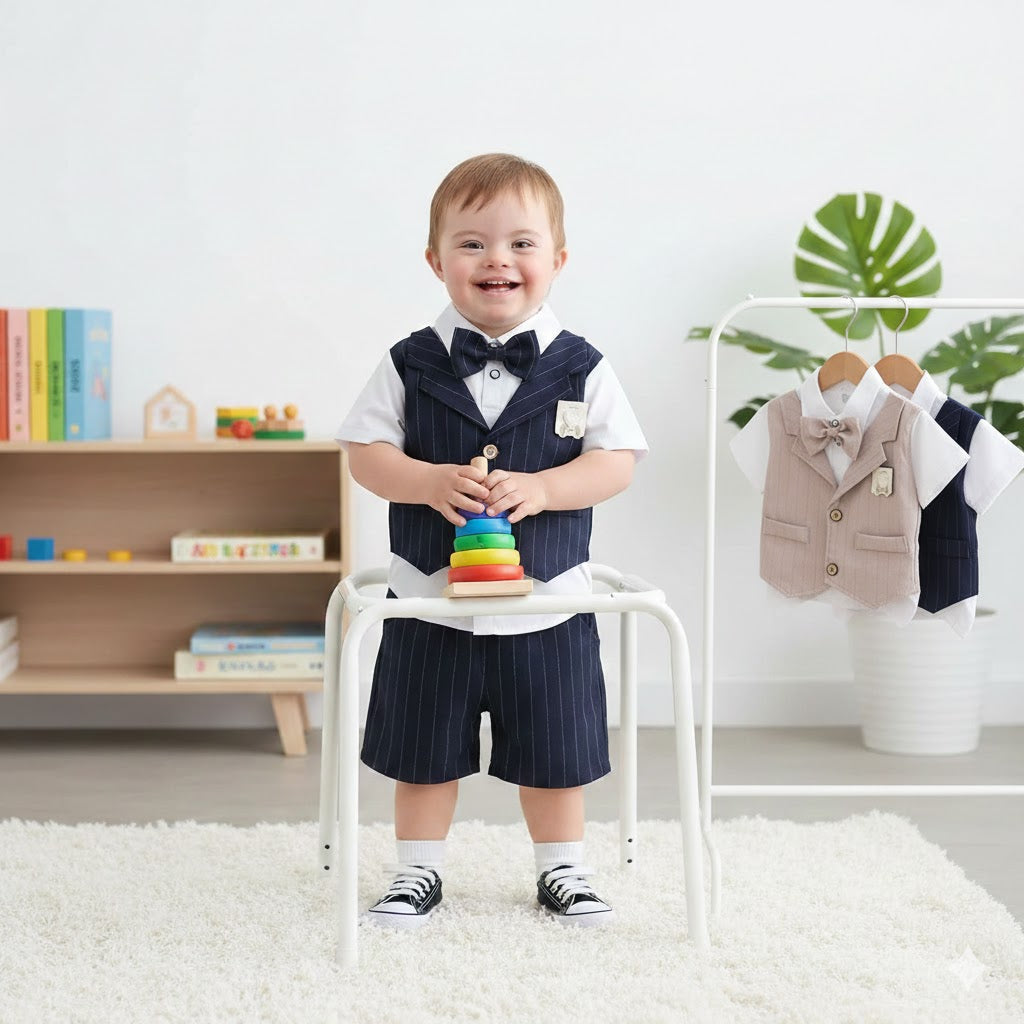 Completo Elegante Estivo Bimbo  Camicia, Gilet, Papillon e Pantaloncini