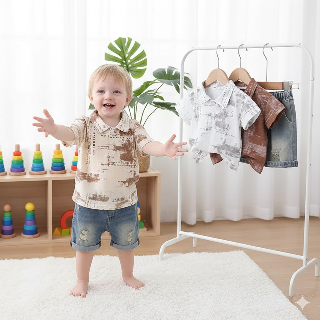 Completo Estivo Bimbo   Polo Stampata e Shorts in Denim