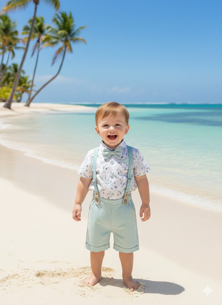 Completo Estivo Elegante bimbo  Camicia Fantasia, Shorts Verde Acqua, Bretelle e Papillon