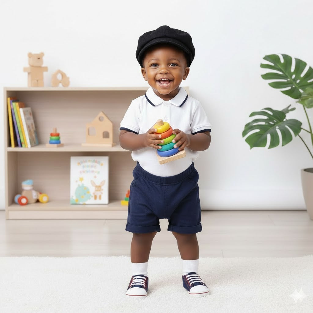 Completo Estivo Bimbo   5 Pezzi Bianco & Blu Navy
