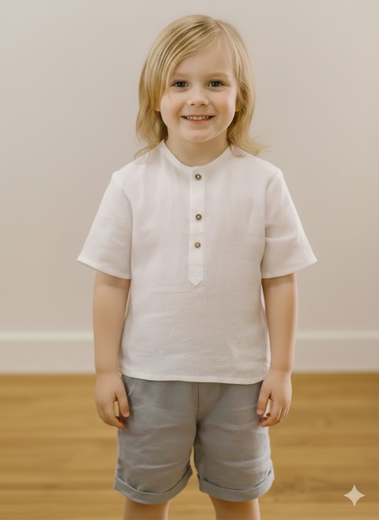 Completo estivo bimbo in lino con bottoni – Bianco e Grigio