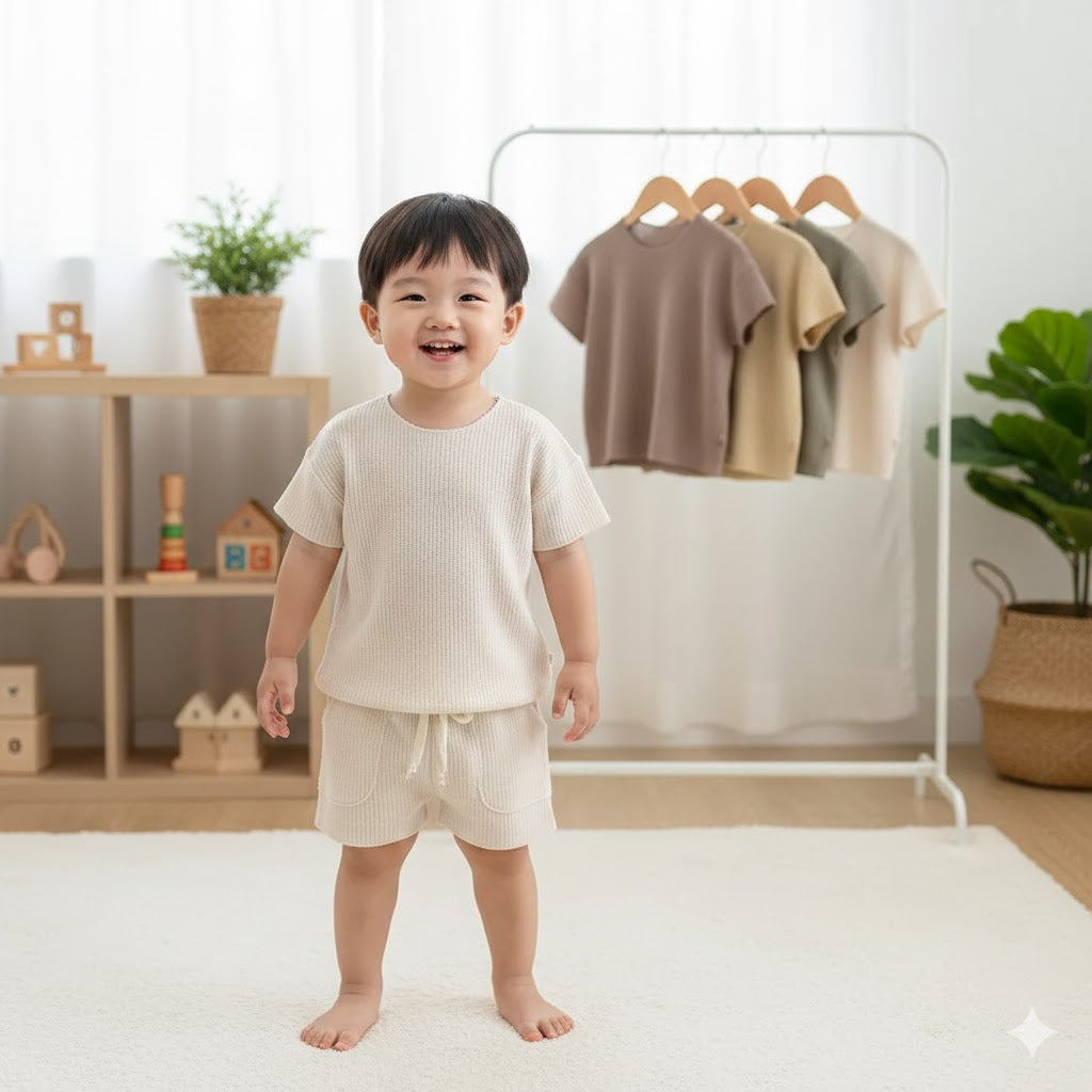 Completo Estivo Bimbo/Bimba in Maglia Waffle – T-Shirt e Shorts