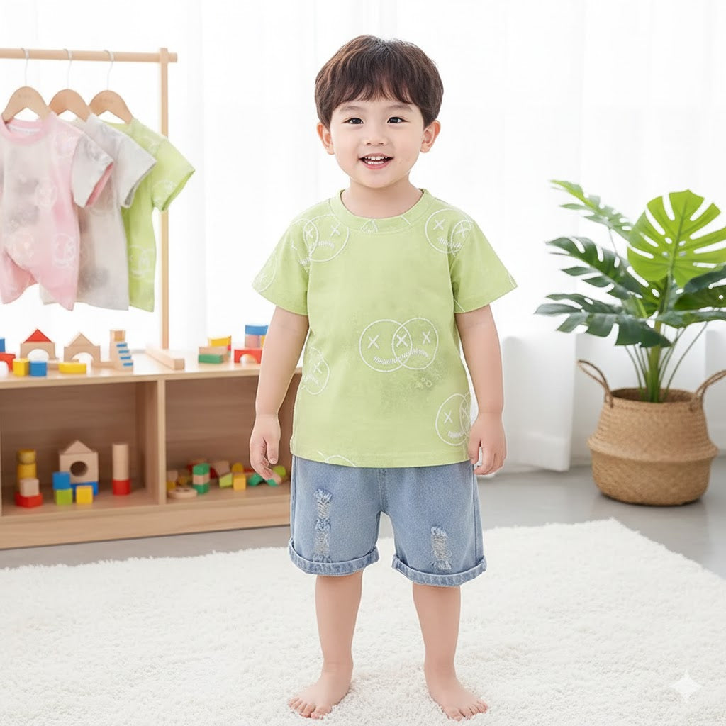 Completo Estivo Bimbo  T-shirt Smiley Grigia e Shorts in Denim