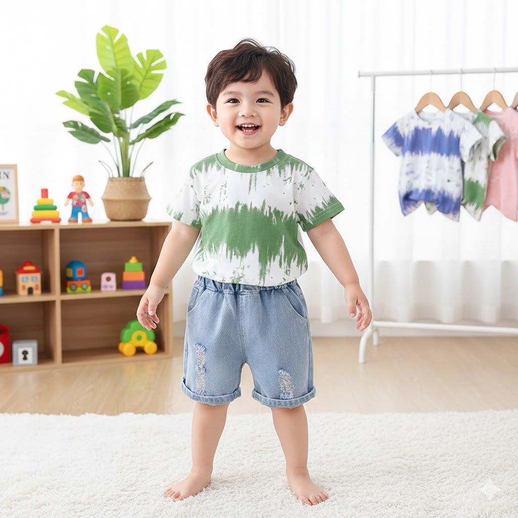 Completo Estivo Bimbo  T-shirt Tie-Dye Blu e Shorts in Denim