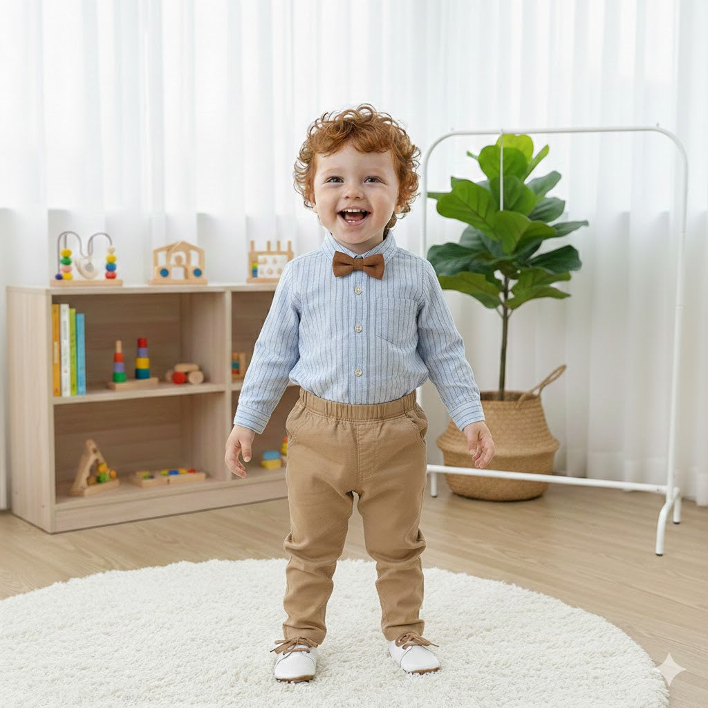Completo Bambino Azzurro a Righe e Beige – Primavera
