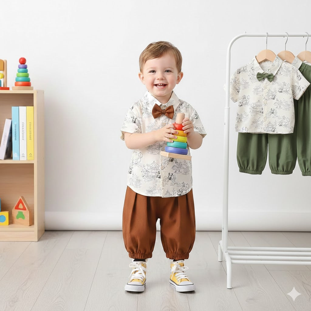 Completo Bimbo Estivo Camicia Panda + Pantaloni – "Little Explorer"