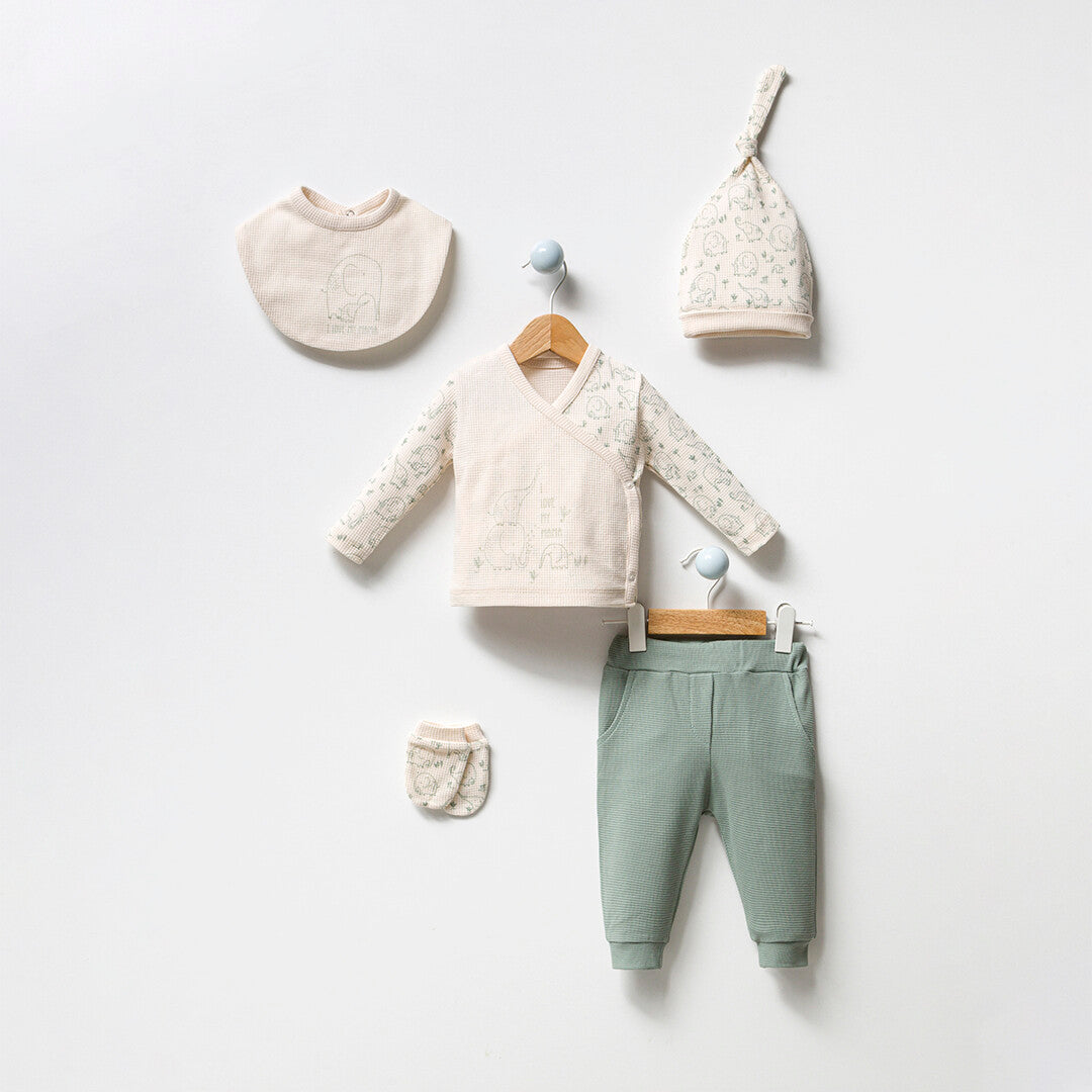Set Nascita Neutro 5 Pezzi in Cotone con Elefantino Verde Bimbo/ Bimba