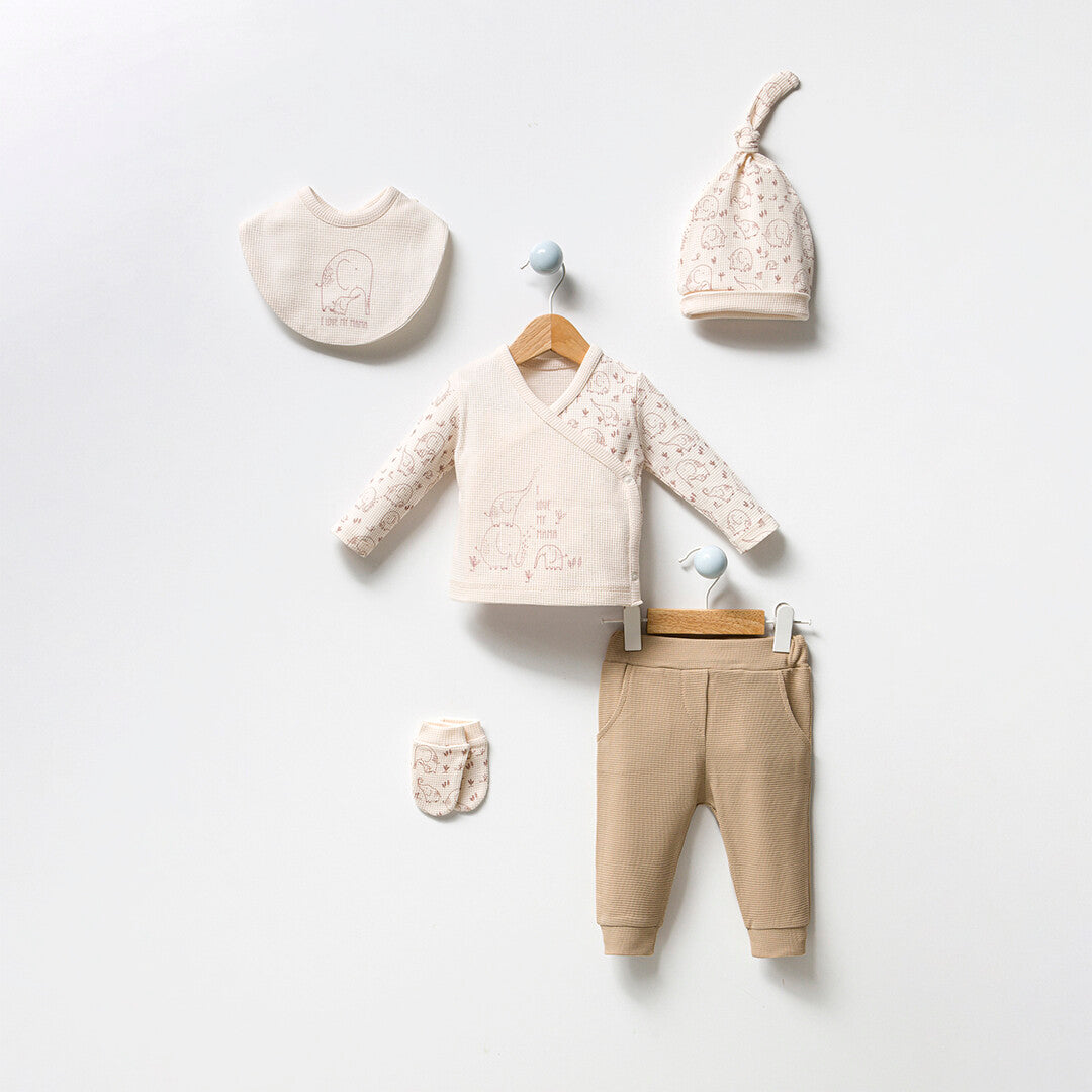 Set Nascita Neutro 5 Pezzi in Cotone con elefantino beige Bimba/ Bimbo