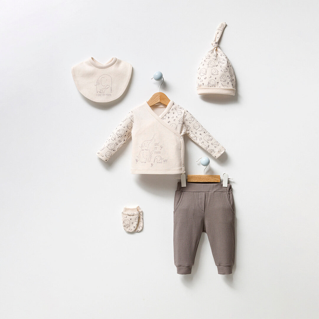 Set Nascita Neutro 5 Pezzi in Cotone con Elefantino Marrone Bimbo/ Bimba
